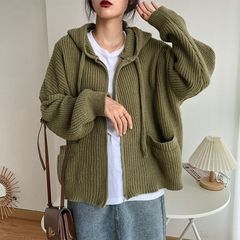秋冬のファスナーのコートの女性のカジュアルなファッションの大きいサイズの韓国系のゆったりしている帽子のセーターのコートの怠惰な復古の双ポケット