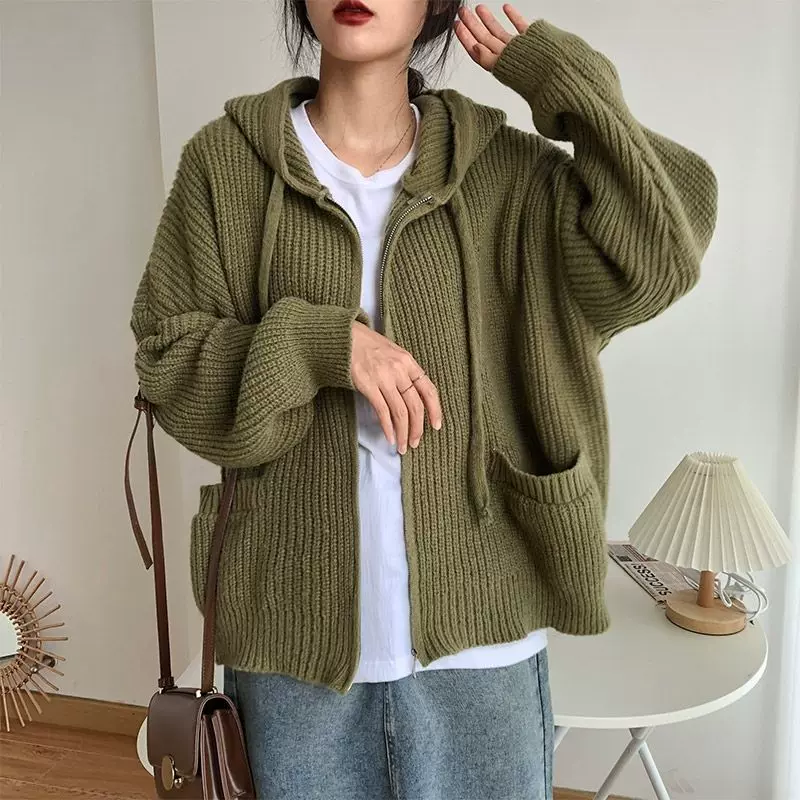 秋冬拉链外套女休闲潮流大码韩系宽松连帽毛衣外套慵懒复古双口袋