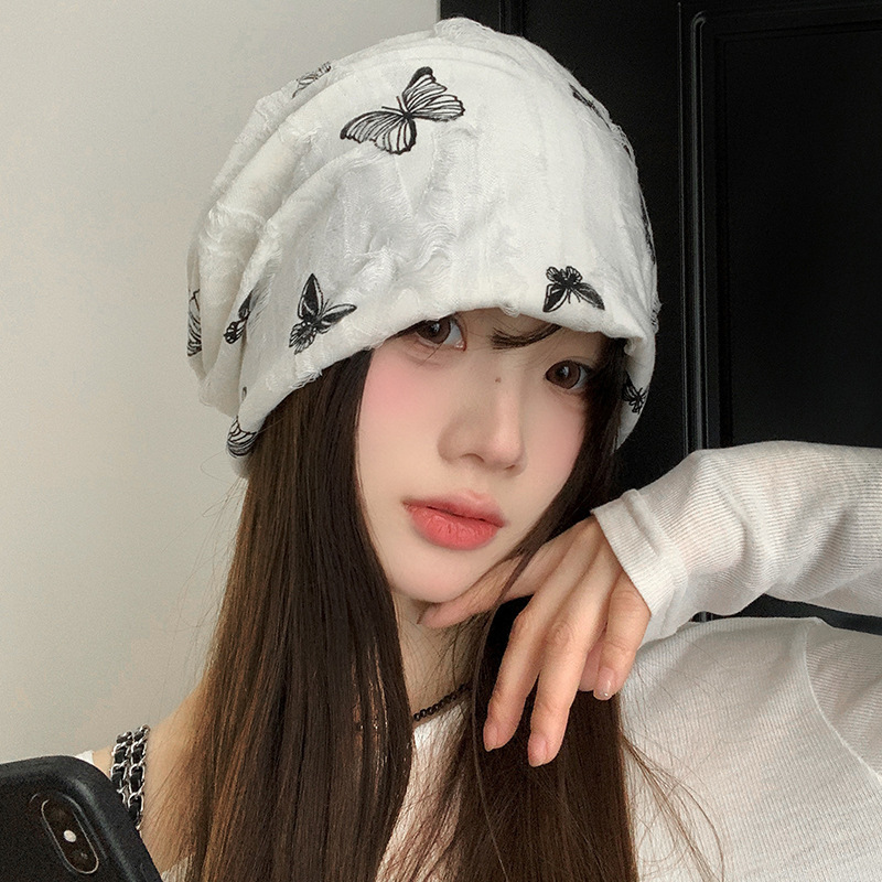韩版蝴蝶刺绣堆堆帽秋冬新款帽子女复古百搭保暖包头帽显脸小冷帽|undefined