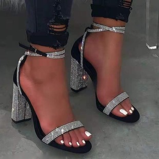 2021 Cross-border Foreign Trade Women's High-heeled Shoes Source European and American Rhinestone Thick-heeled High-heeled Foot Ring Buckle Sandals Women's 43 yards