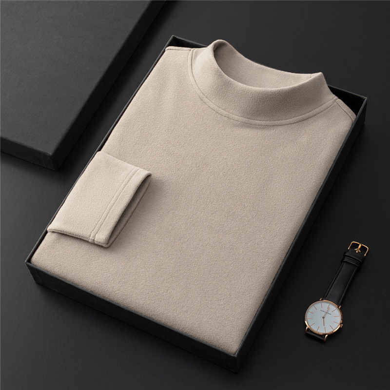 Camiseta de base de terciopelo de doble cara con cuello medio alto para hombre, otoño 2025, sudadera de terciopelo alemán, fabricante de camisetas de manga larga de color sólido cepillado para hombre.