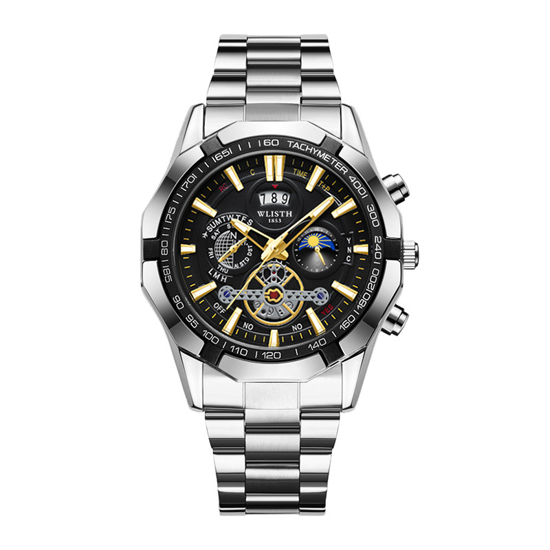 WLISTH Reloj para hombre de la marca suiza Reloj de cuarzo impermeable luminoso con esfera grande Reloj para hombre con calendario de banda de acero Reloj de comercio exterior