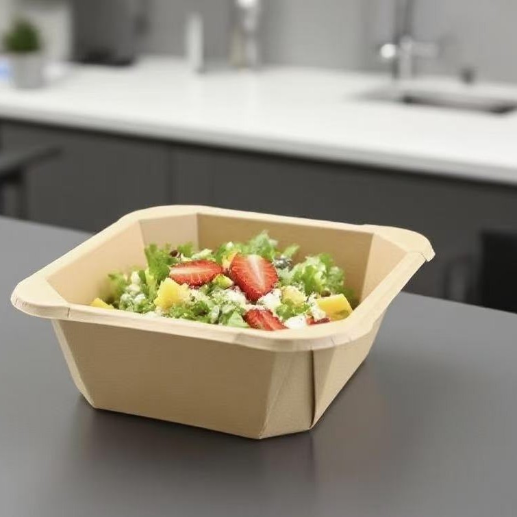 一次性牛皮纸盒正方形果切打包盒八角盒水果沙拉便当碗饭盒外带