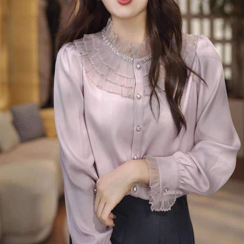 时尚气质设计感蕾丝拼接长袖衬衫女秋季新款漂亮小衫宽松上衣薪|undefined