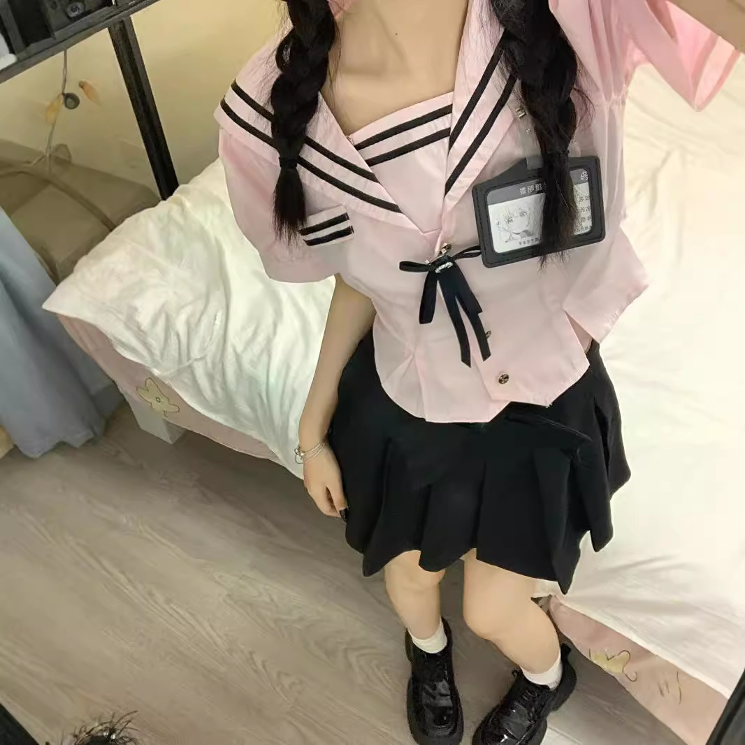 미국 JK 유니폼 세트 여자 여름 대학 스타일 퍼프 소매 셔츠 높은 허리 주름 치마 선원