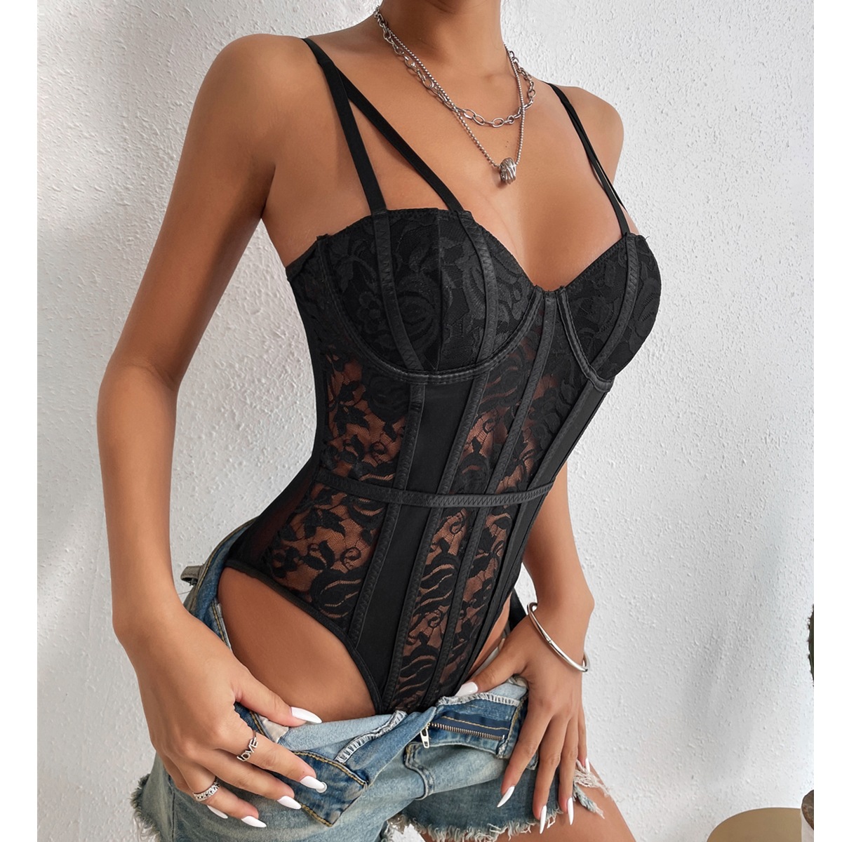 2022 verano nueva venta caliente del comercio exterior sexy encaje costura nicho de la calle estilo chica mono en stock 8003