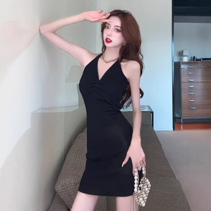 Sexy Hot Girl Sleeveless Halter Neck Fashion Off-Shoulder Dress for Women, New Summer Style Pure Desire Backless Bodycon Short Dress for Women