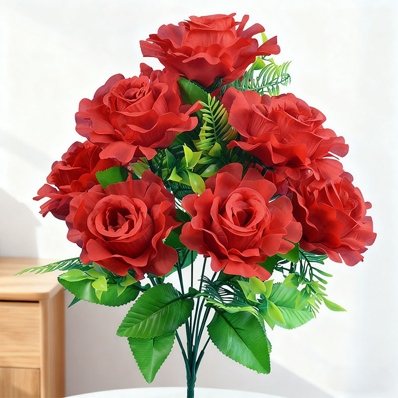 跨境玫瑰花仿真花10头碎边玫居家装饰桌台摆件玫瑰把花厂家批发