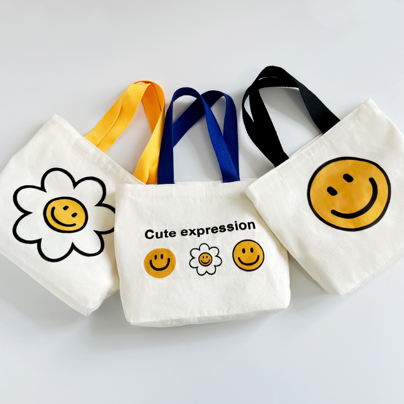 New 2024 Canvas Bag Summer Line Cute Smiley Flower Tote Bag ..