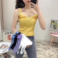 港味復古後背小心機蝴蝶結V領綁帶顯瘦外穿打底小背心針織吊帶女