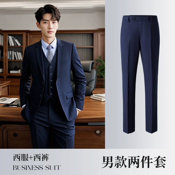 Blue long-sleeve, classic suit jacket, trousers