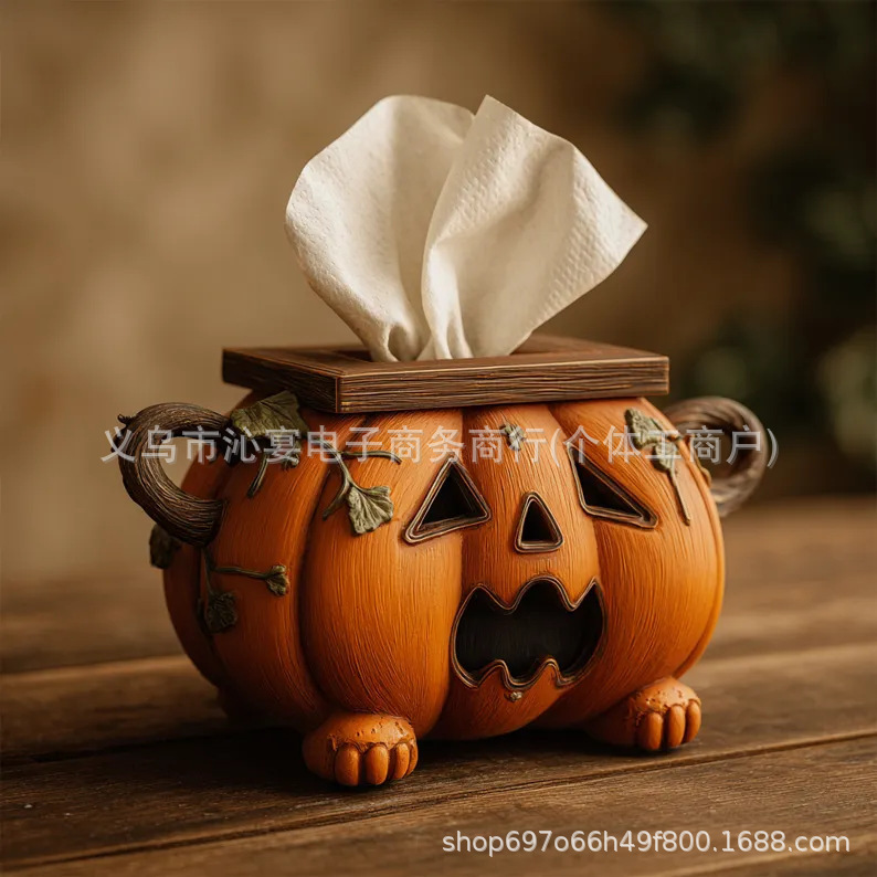 跨境万圣节树脂工艺品Halloween Pumpkin Tissue Box南瓜纸巾盒|undefined