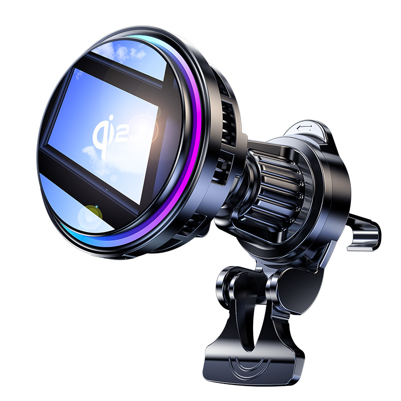 Carga inalámbrica de refrigeración en automóviles 15W de carga rápida de color brillante flujo de luz de automóvil carga de teléfono móvil succión magnética soporte de carga de salida