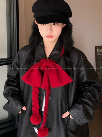 马卡龙配色~韩系氛围感纯色毛球围巾女秋冬保暖百搭围脖时尚领巾