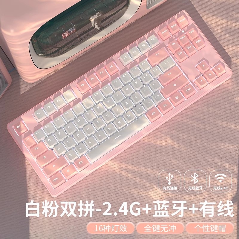 ゲームのノートの女子学生の赤い軸の青い軸は事務のデスクトップのコンピュータの機械のキーボードのピンクのかわいい有線の電気を競います。