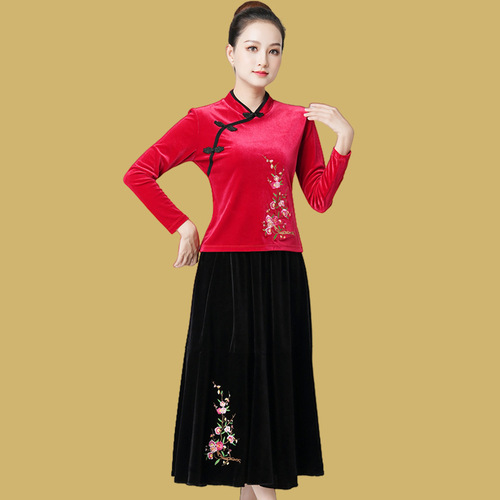 GT9216 Velvet Long-Sleeve Embroidered Square Dance Costume Set for Middle-Aged and Older Women - Autumn/Winter Dance Wear