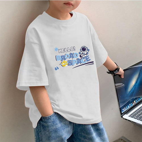 2104# Boys' Summer T-Shirt Short Sleeve Round Neck Loose Astronaut Print Summer Outfit Medium and Large Size Top