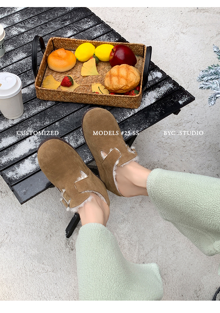 Dép lông Birkenstock da thật nữ đế dày, mũi kín lông cừu, có khóa thắt lưng, tăng chiều cao bên trong — cà phê nâu chi tiết 18