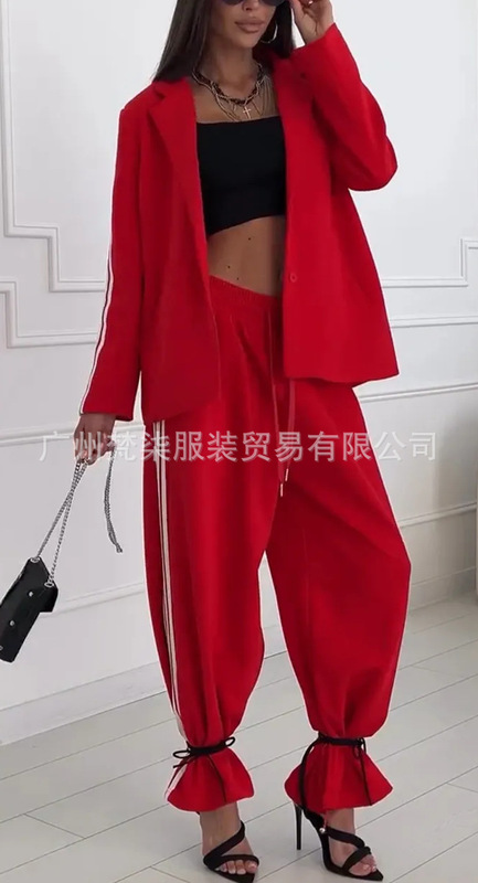 亚马逊2025欧美跨境翻领条纹夹克休闲西服外套阔腿长裤休闲套装女|undefined