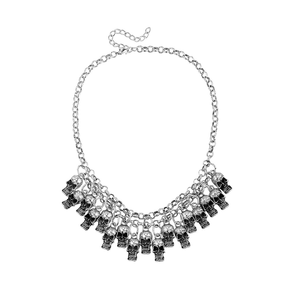 2021 New Exaggerated Hip Hop Halloween Metallic Retro Skull Double Short Necklace