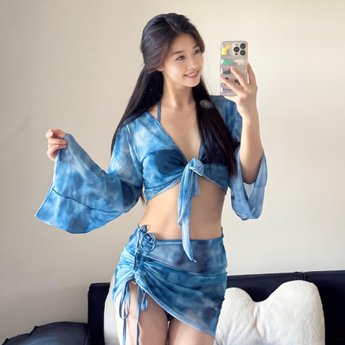 Women's Tie-Dye Pure Desire Sexy Split Bikini Set with Long Sleeve Sun Protection High-End Swimsuit 2025