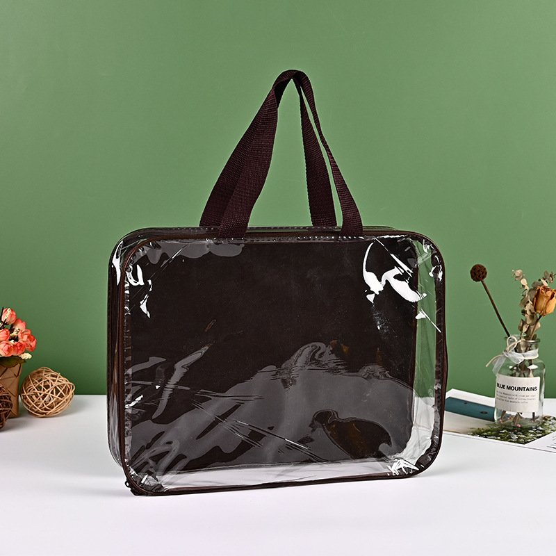 透明pvc手提袋胶骨条拉链透明防水高级感大容量收纳包logo可定