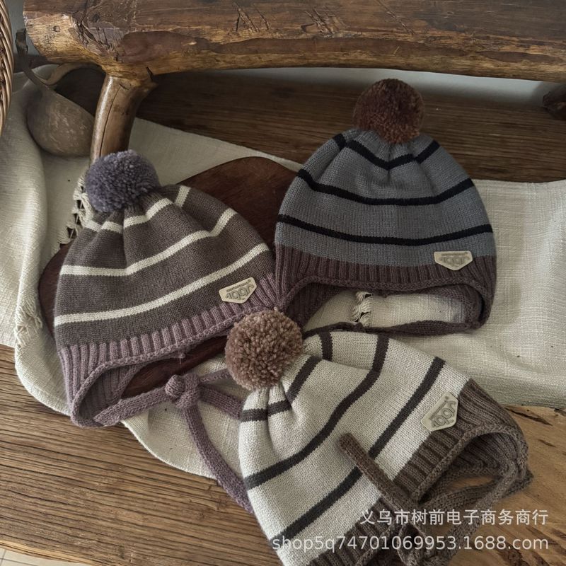 儿童针织帽个性条纹拼色大毛球护耳帽冬季男女童宝宝保暖毛线帽潮|undefined