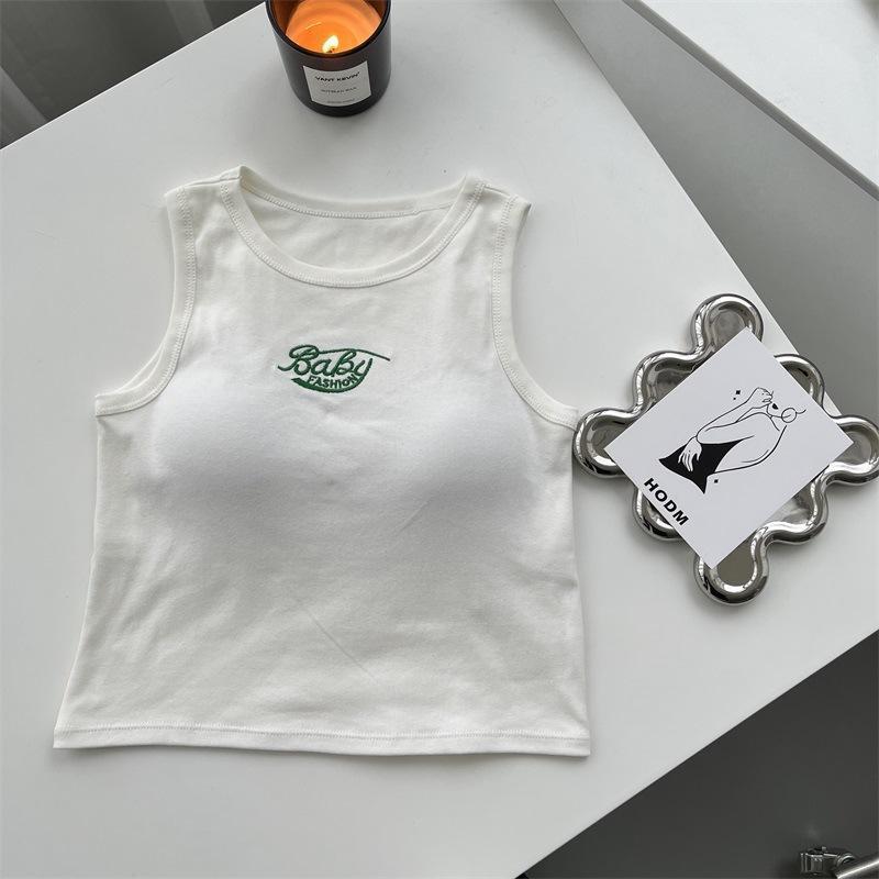 Spicy Girl Korean Version Pure Cotton Embroidered Letter Backless Vest With Chest Pad Anti-Exposure Short Top For Women_ecoleips.com