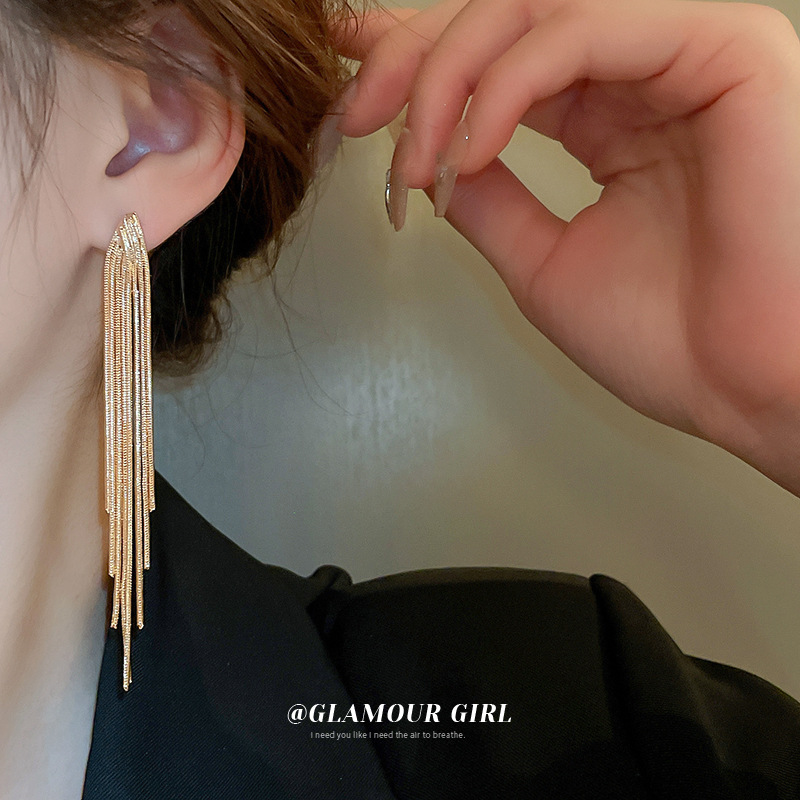 Pendientes largos de borla de cadena de aguja de plata Pendientes de alto grado de lujo ligero europeo y americano Pendientes de diseño de moda exagerada de nicho