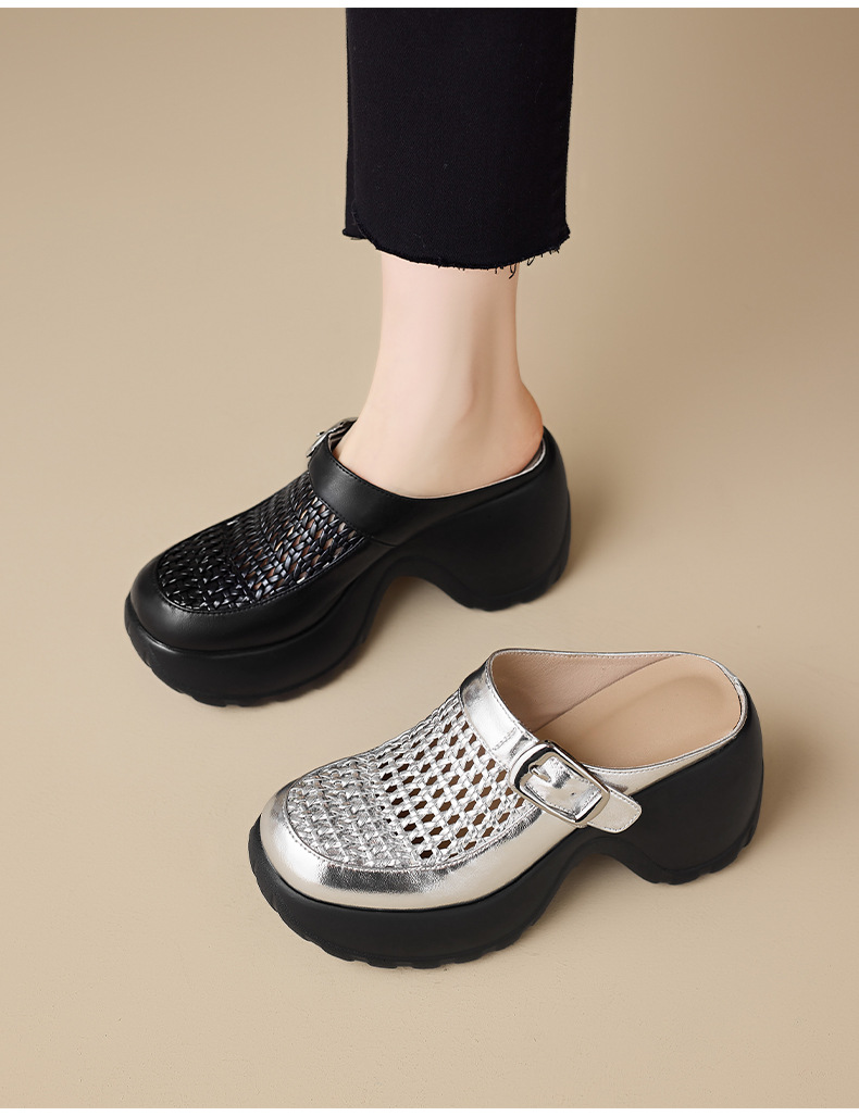 Dép sandal nữ quai chữ V đế dày mũi tròn phong cách Birkenstock — màu đen, bạc chi tiết 11