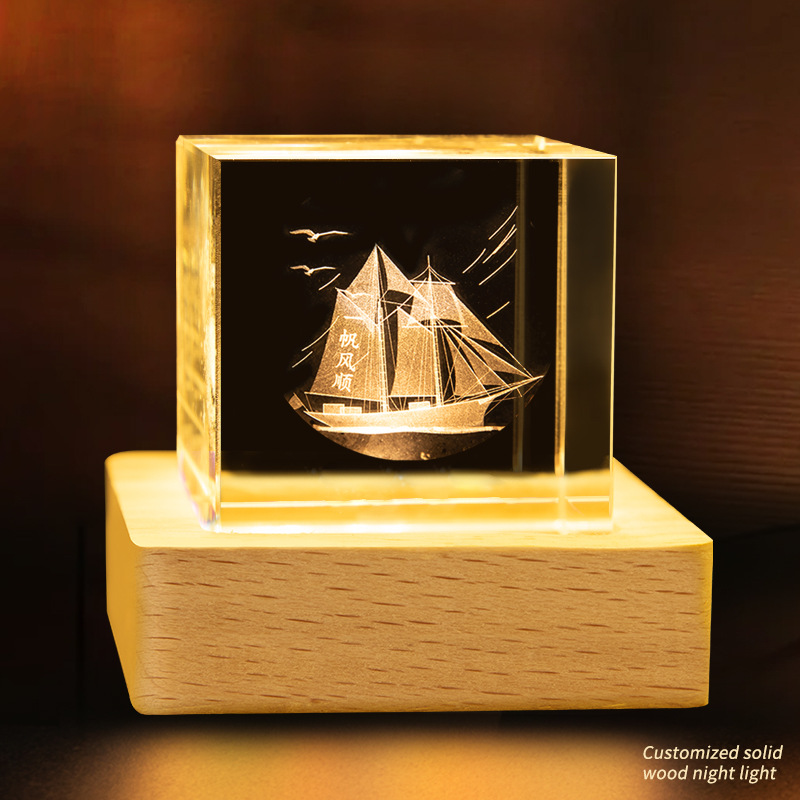 Escultura interior 3D transfronteriza cristal cuadrado luminoso luz nocturna adopción de una nube decoración creativa base de madera decoración decoración de escritorio