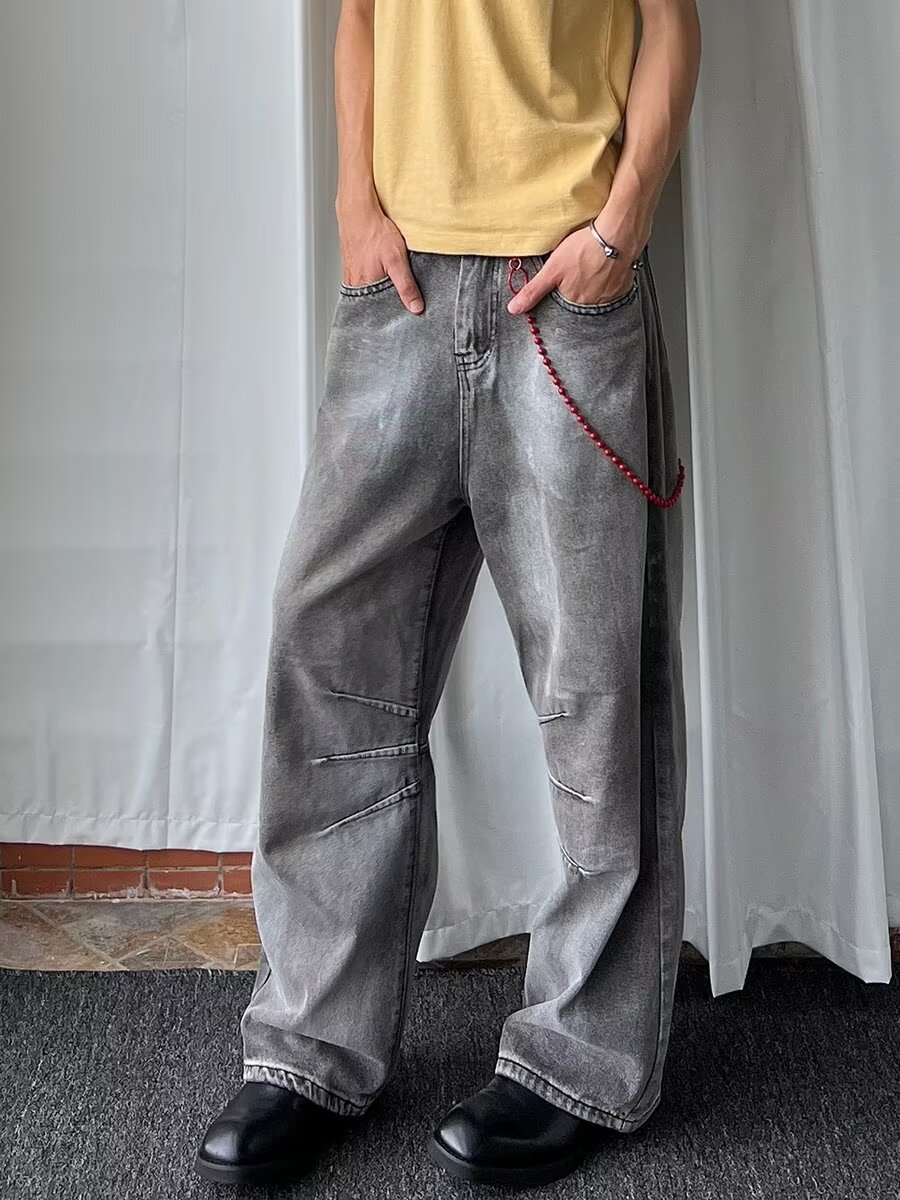 American Vintage Heavy Wash Light Gray Faded Jeans Unisex High Street Loose Fit Wide Leg Straight Pants_mkmklike.com
