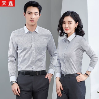 职业条纹长袖衬衫男女同款白领棉修身衬衣免烫男装商务正装定制