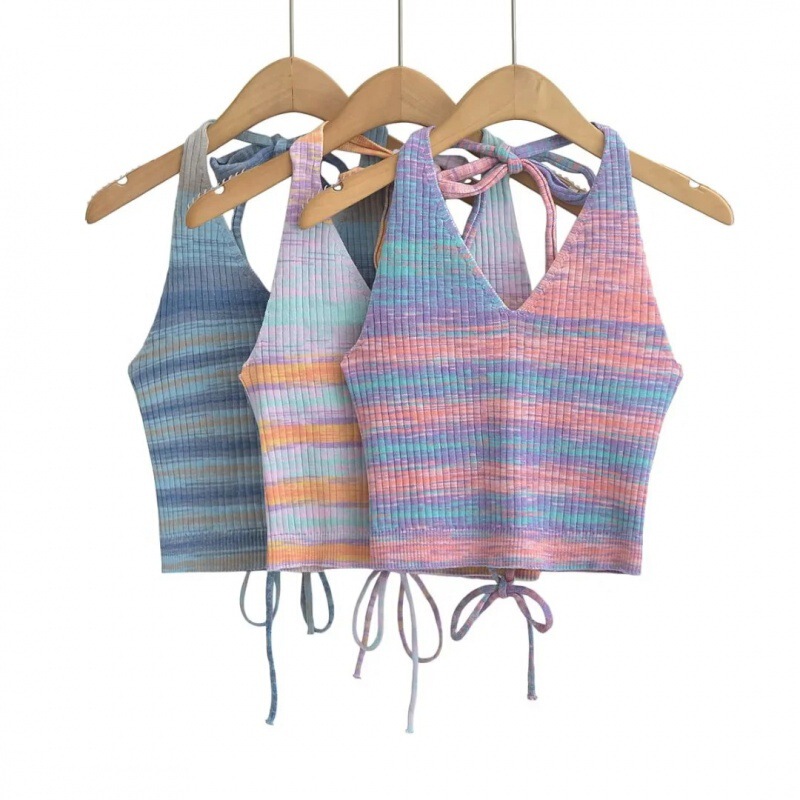 Summer Spice Girl Small Sling Sexy Backless Waist Strap V-Neck Sweet Cool Knitted Neck Hanging Striped Vest ins