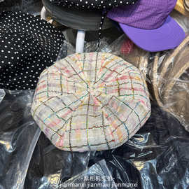 拼色格纹南瓜贝雷帽子春新款复古圣诞装饰搭配氛围感显脸小蓓蕾帽
