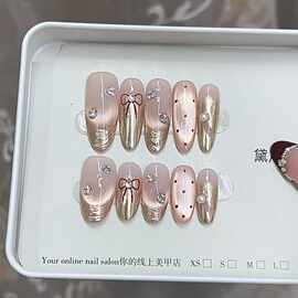奈姿 纯手工穿戴甲红波点蝴蝶结法式猫眼款气质美甲贴片甜美