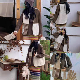 简梦拼色夹棉马甲 2025秋冬季新款 森女系花边口袋背心女825-366