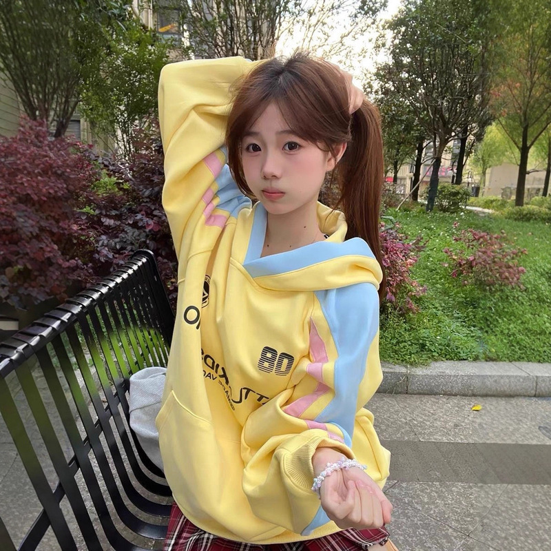 学院风韩版加绒加厚连帽卫衣女秋冬2025新款宽松撞色拼接情侣帽衫|undefined