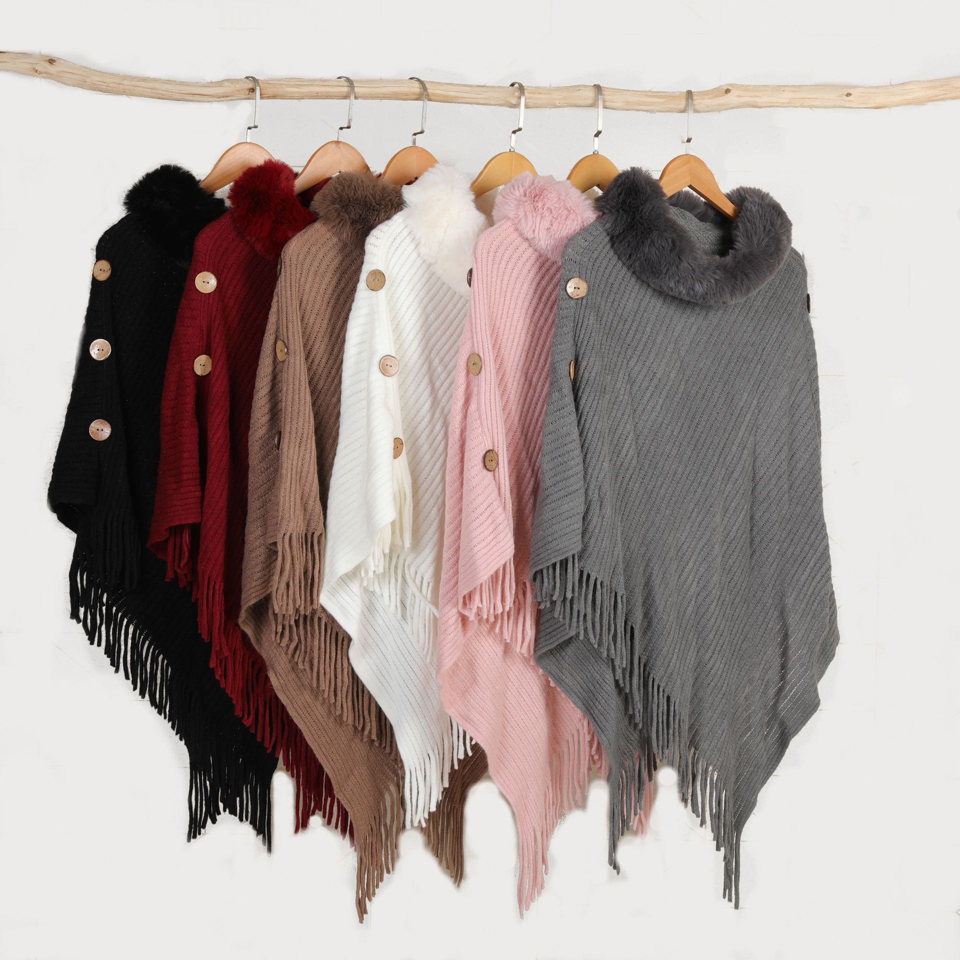 秋冬款新品套头毛领斗篷欧美跨境中长款设计感侧边纽扣针织披肩