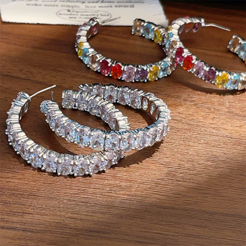 Statement Earrings with Egg-Shaped Zircon C-Shaped Hoops, High-End Lazy Style, Colorful Multi-Gem Large Hoops with an Atmospheric Vibe