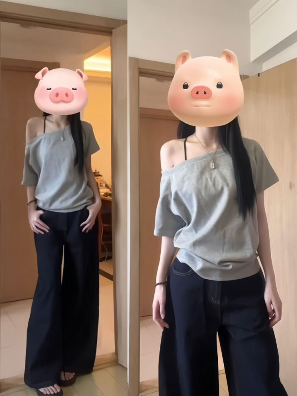 女性のためのワンラインオフショルダー半袖シャツ夏の新しいホットスタイルルーズレイジースタイルデザイントゥースイートトップ|undefined