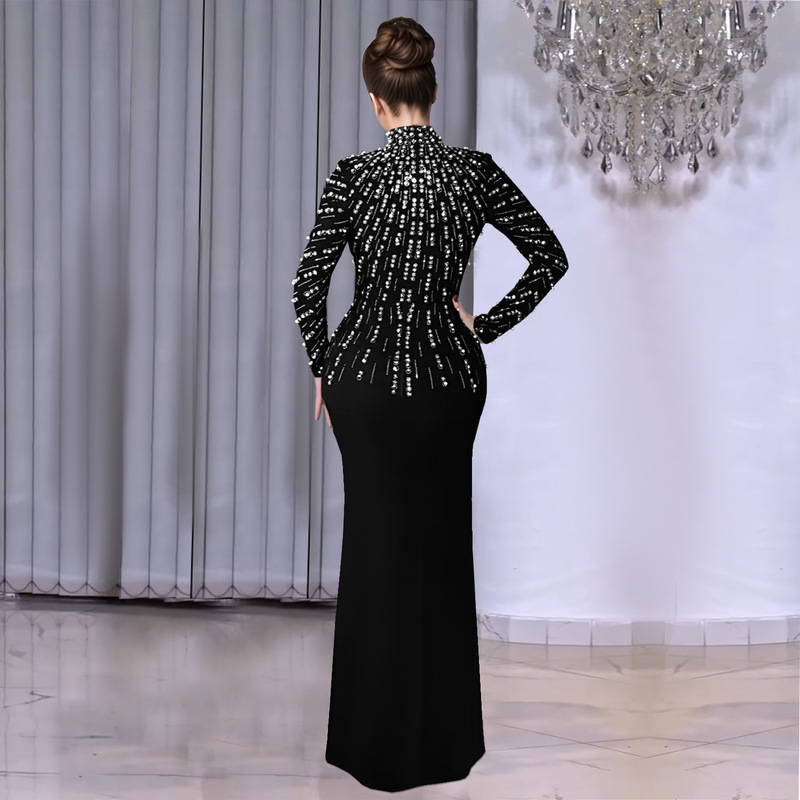 C7379 クロスボーダー AliExpress Amazon ヨーロッパとアメリカのファッション婦人服気質長袖ビーズホットダイヤモンドアームドレス|undefined