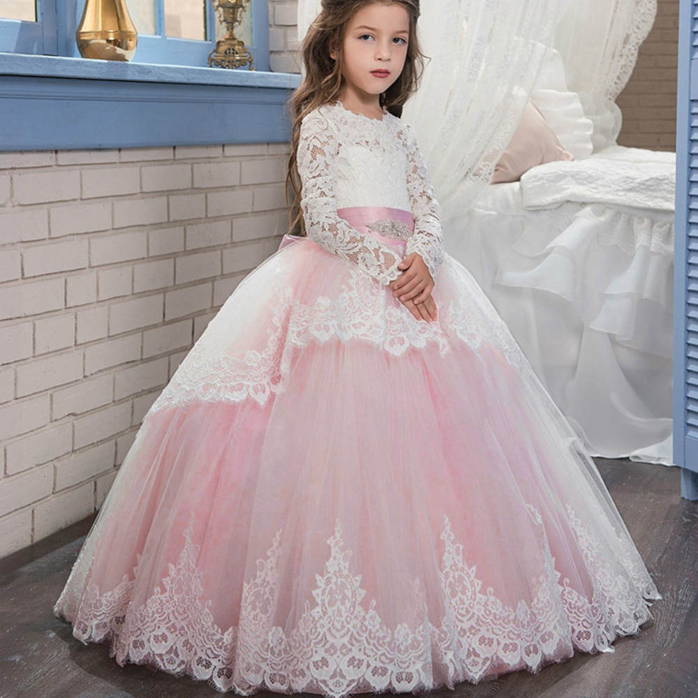 Comercio exterior transfronterizo nuevo encaje doble manga larga invierno bola flor chica pettiskirt vestido de novia entrega de una sola pieza