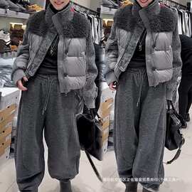 韩系设计立领毛毛拼针织袖棉服高腰阔腿裤2025秋冬新款套装