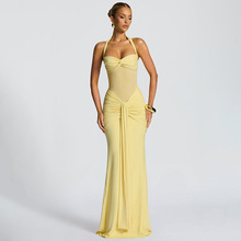 欧美外贸2025时尚新款女装透视纱网拼接挂脖系带纯色批发连衣裙