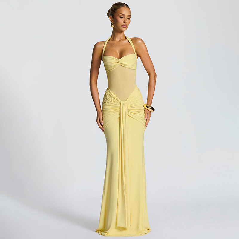 欧美外贸2025时尚新款女装透视纱网拼接挂脖系带纯色批发连衣裙