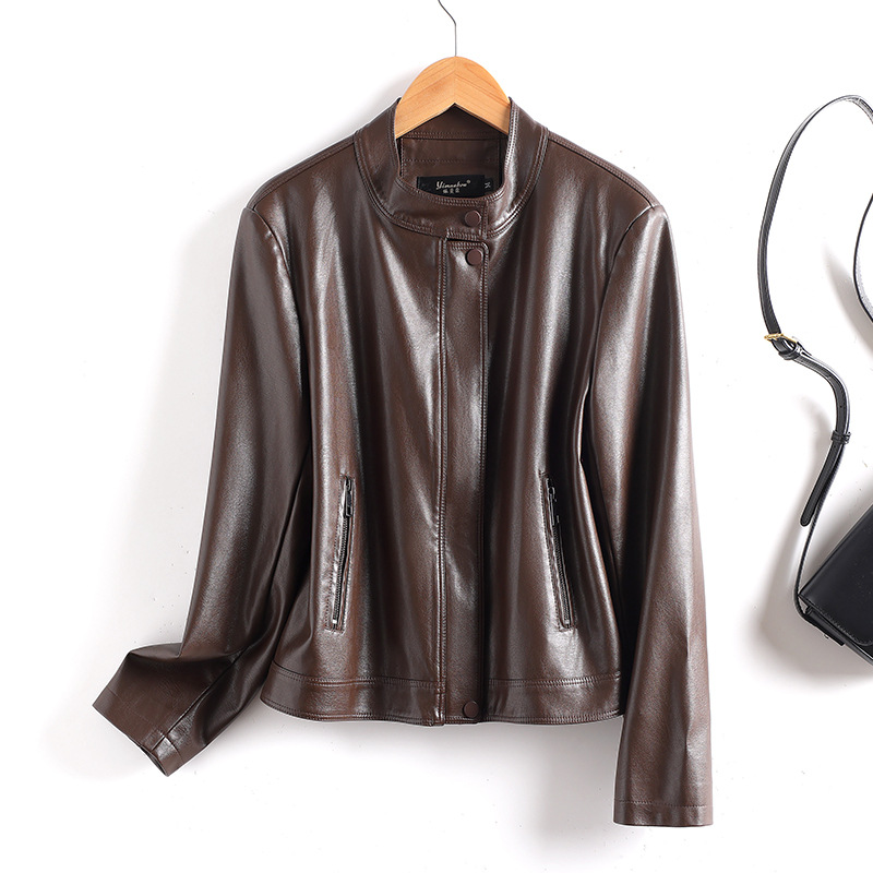 Short Haining Leather Jacket for Women, Plus Size Sheepskin Coat, Korean Style Slim Fit Stand Collar Biker Leather Jacket, Spring and Autumn Style