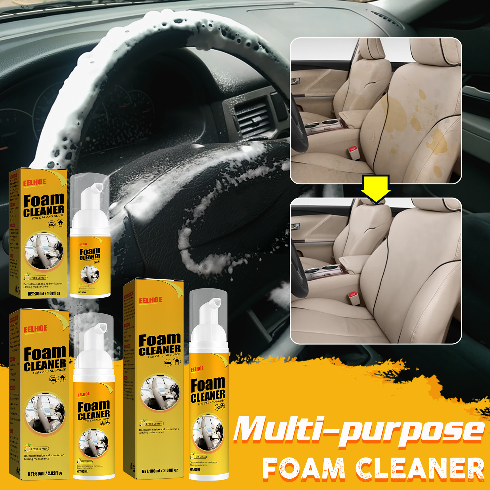 EELHOE Multi-functional Foam Cleaner Car Care Interior Leather Seat Steering Wheel Cleaner