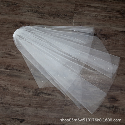 新娘头纱钉珍珠双层蓬蓬纱结婚头饰跟妆造型面纱拍照写真短款头纱|ru