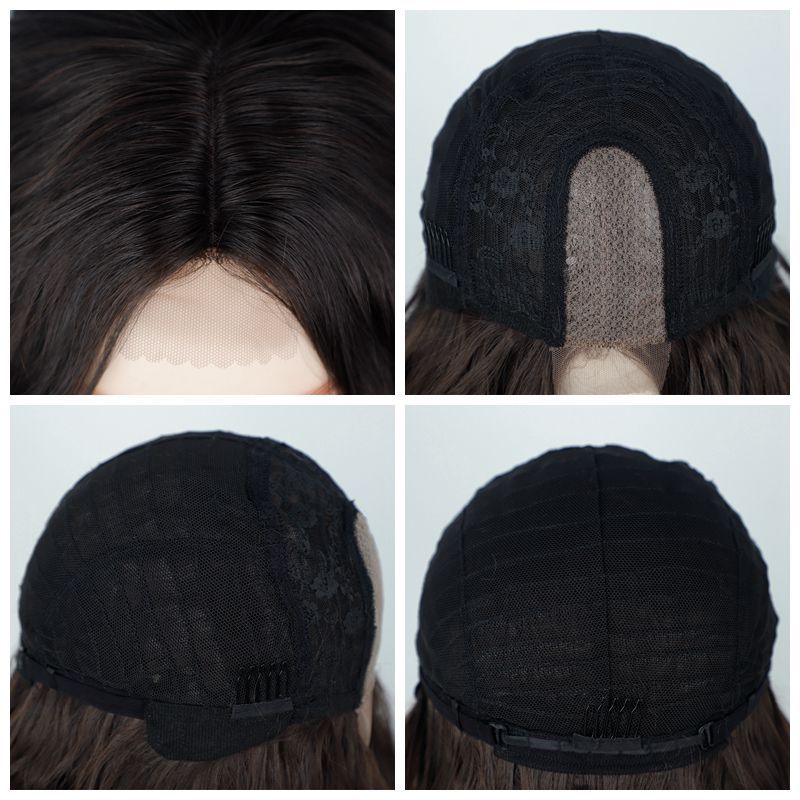 Juuksepikendused ja parukad Parukas naistele, esiosa pitsparukas, keskmise lahkuminekuga väikesed pitsilised triibud, veelaviinid, lühikesed lokkis juuksed, keemilisest kiust peakattega parukad_voghion.com